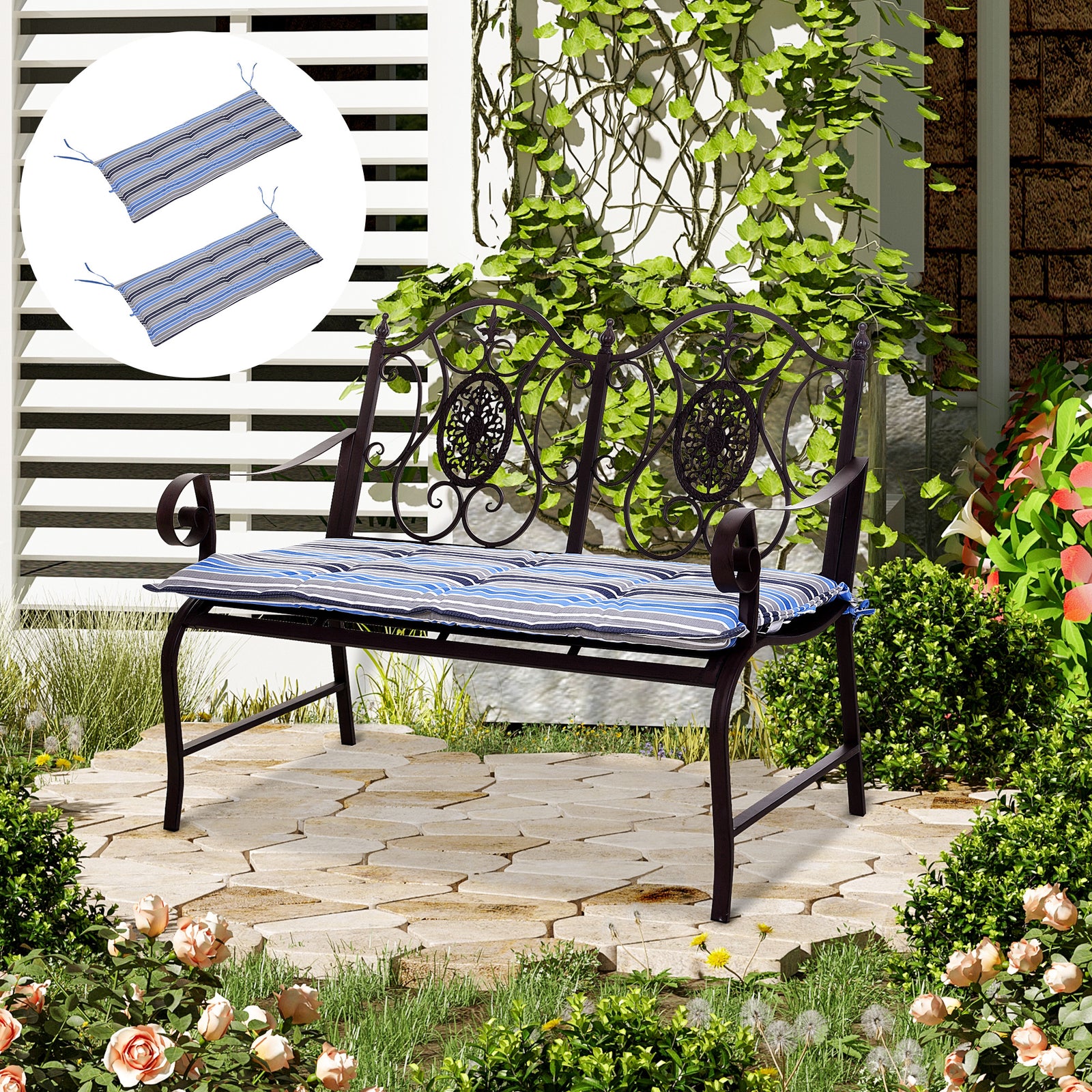 2 Pieces Replacement Cushions For Garden Bench, With Strips | Blue