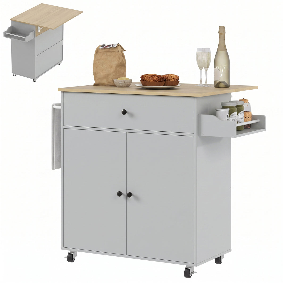Kitchen Island With Drop Leaf, Rolling Kitchen Storage Trolley | Grey
