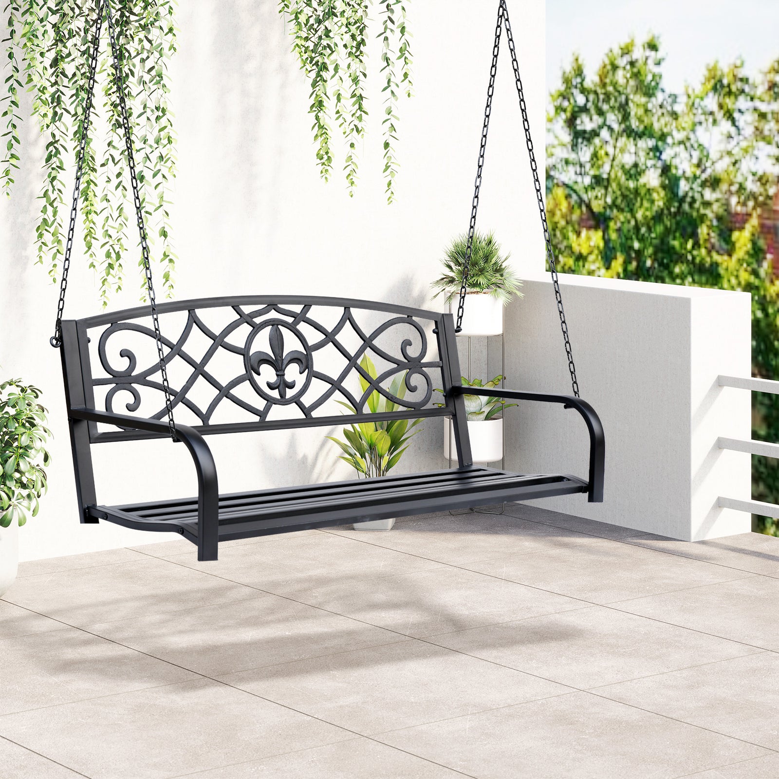 Outdoor Steel Fleur-de-lis Porch Swing Garden Hanging Bench