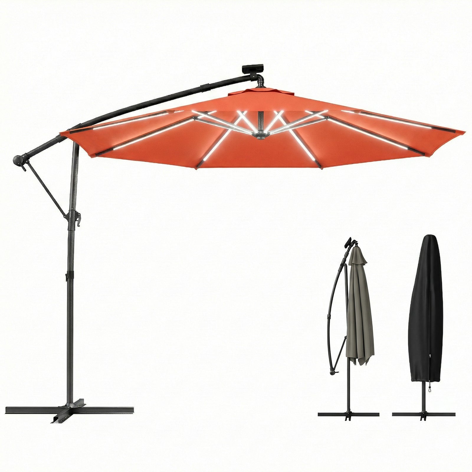 3 M Garden Cantilever Parasol With Solar Light, Rotation | Orange