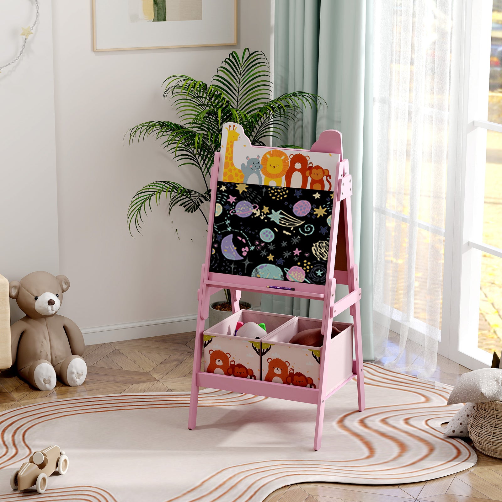 AIYAPLAY Aiyaplay 2 In 1 Kids Easel With Whiteboard, Chalkboard, Storage Boxes, Pink