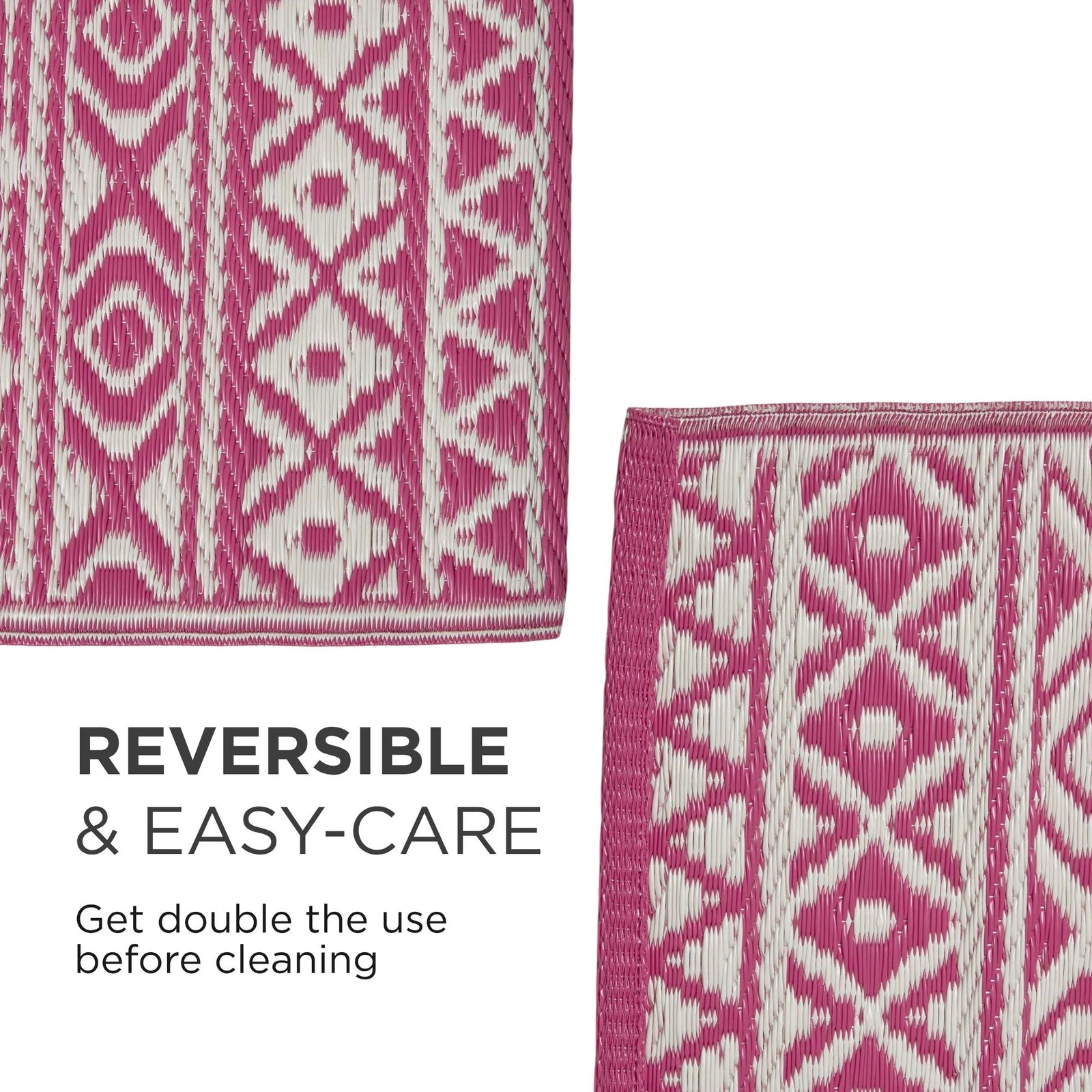 Luxury Outdoor Rug Waterproof Reversible For Garden Patio 100% Recycled, Pink Tia Aztec | 180cm x 270cm | Pink