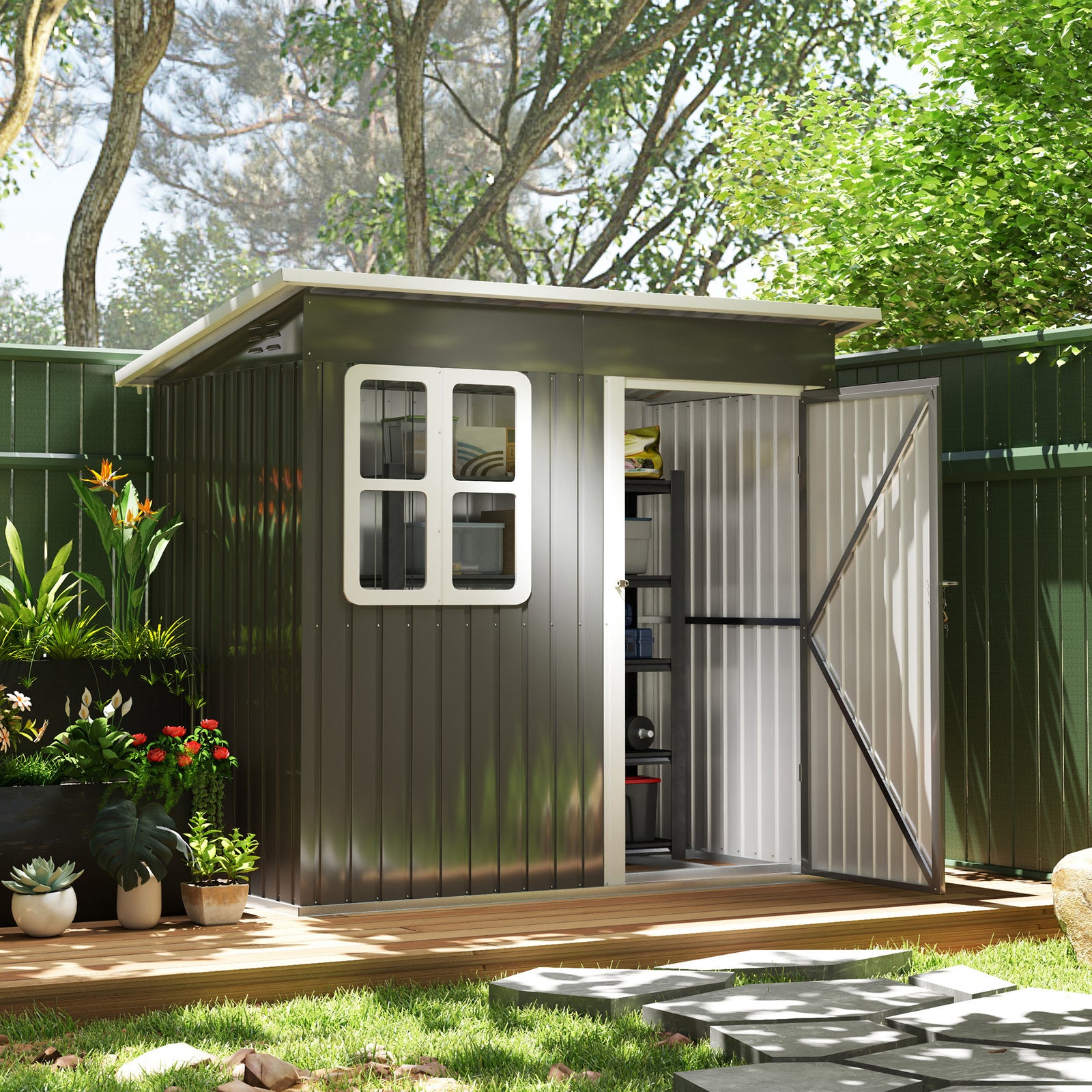 7 X 4ft Galvanised Steel Garden Shed With Foundation Kit | Dark Gray