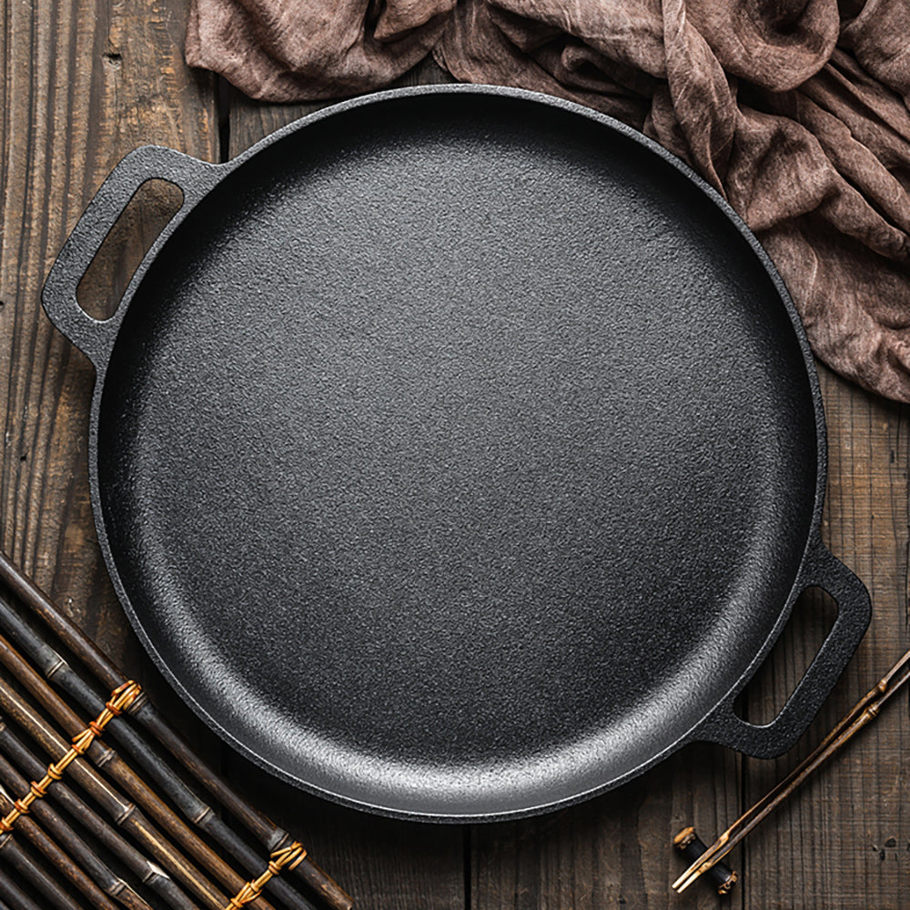 27.5/30/33/35cm Dia Pre-seasoned Round Dual-handle Cast Iron Grill Pan | Extra Large