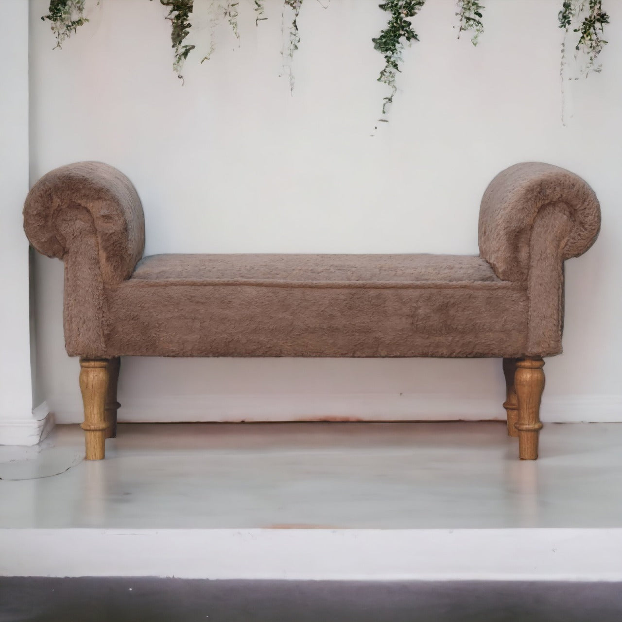 Solid Wood Mocha Faux Fur Bedroom Bench