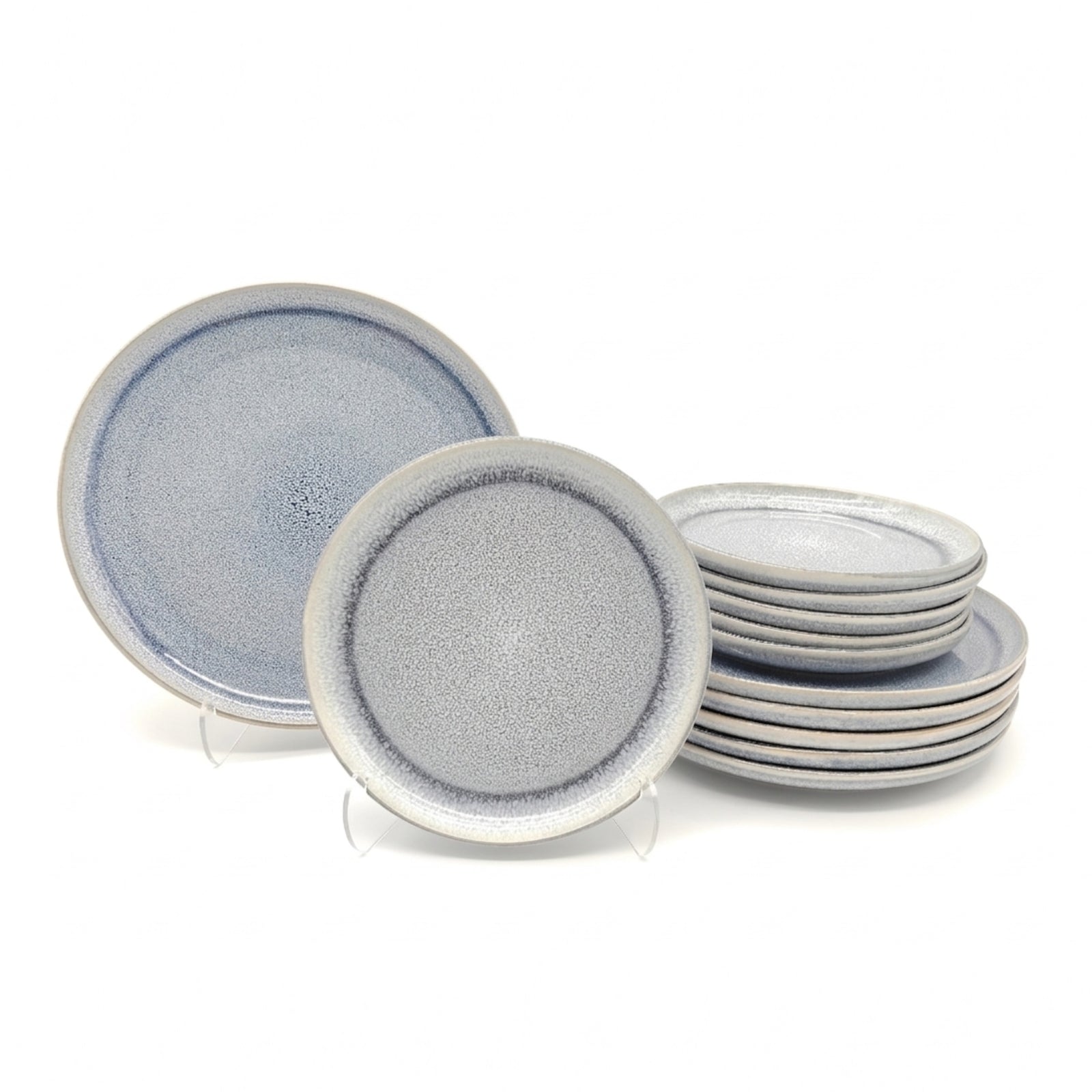 Reactive Ash Blue Glaze Dinner Set Plates Bowls | Set-of-12 | Blue