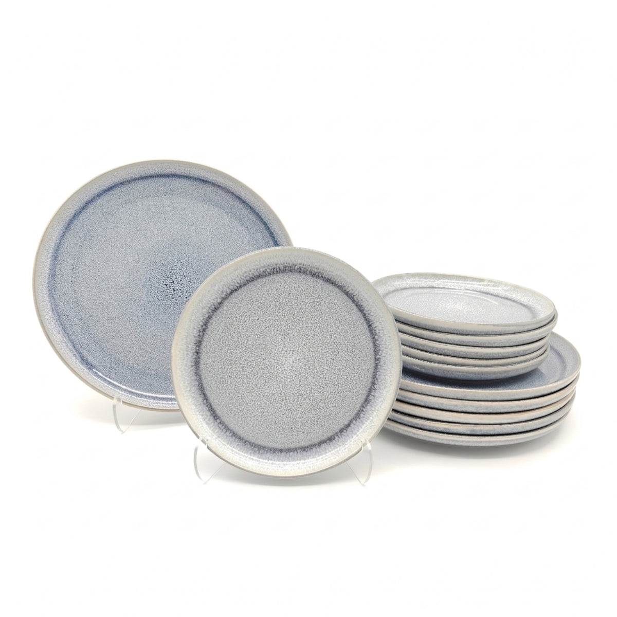 Reactive Ash Blue Glaze Dinner Set Plates Bowls | Set of 12 | Blue