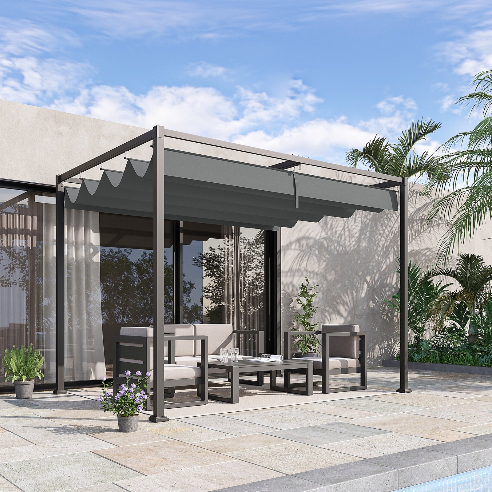 Metal Pergola Gazebo Patio Sun Shelter Retractable Canopy | Medium