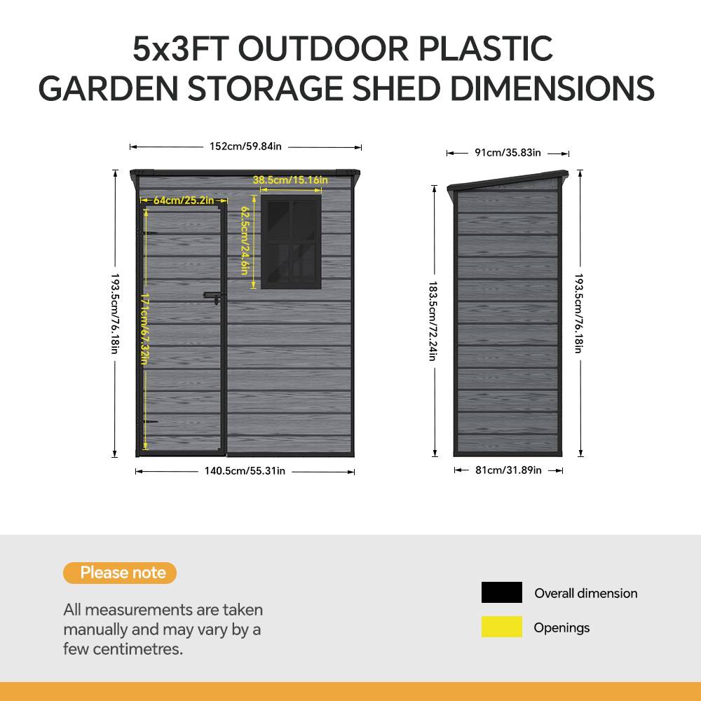 5x3ft Outdoor Plastic Storage Shed With Floor & Window, Lockable, Wood Grain Design