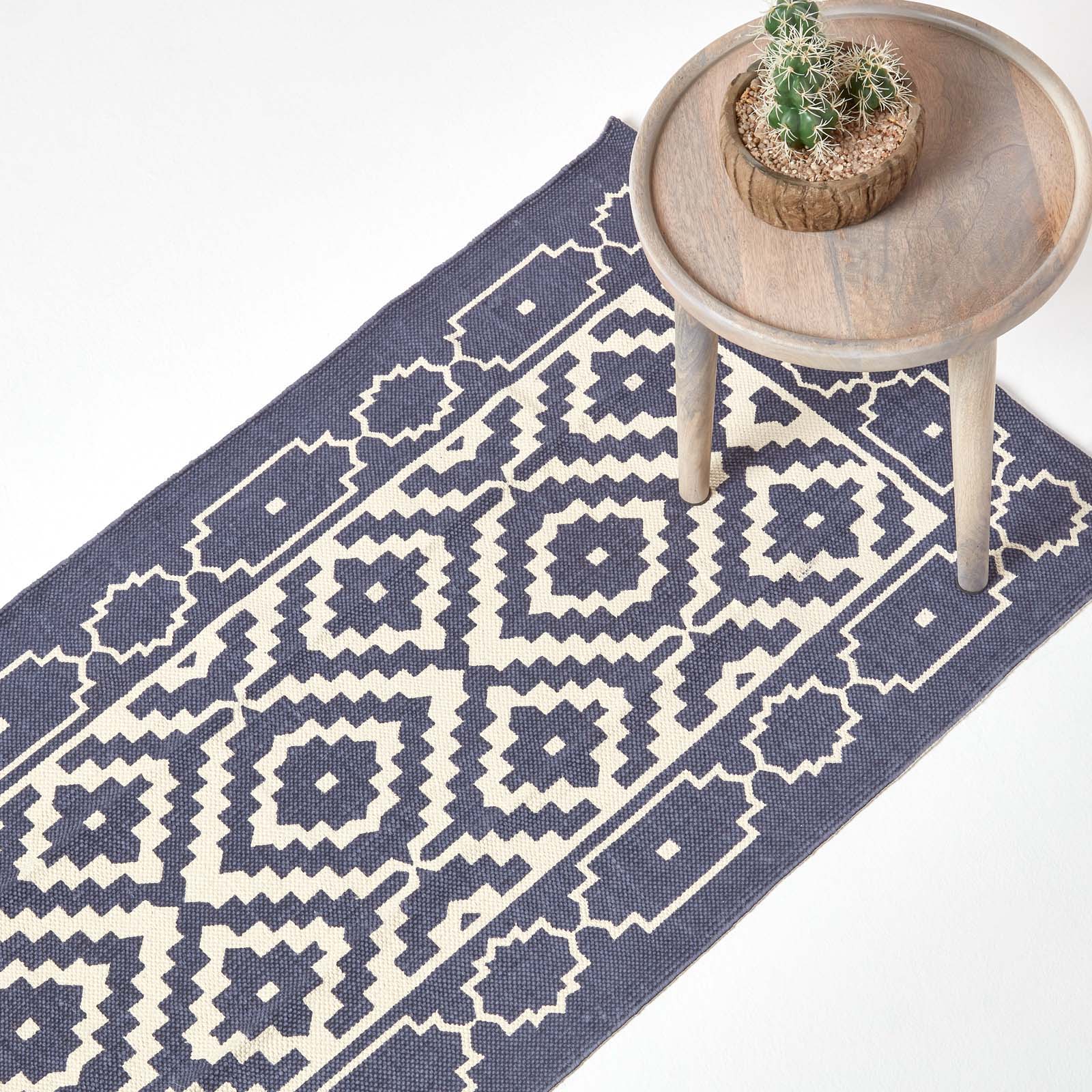 Halmstad Blue And White Scandi Style 100% Cotton Printed Rug | 200cm | Navy Blue