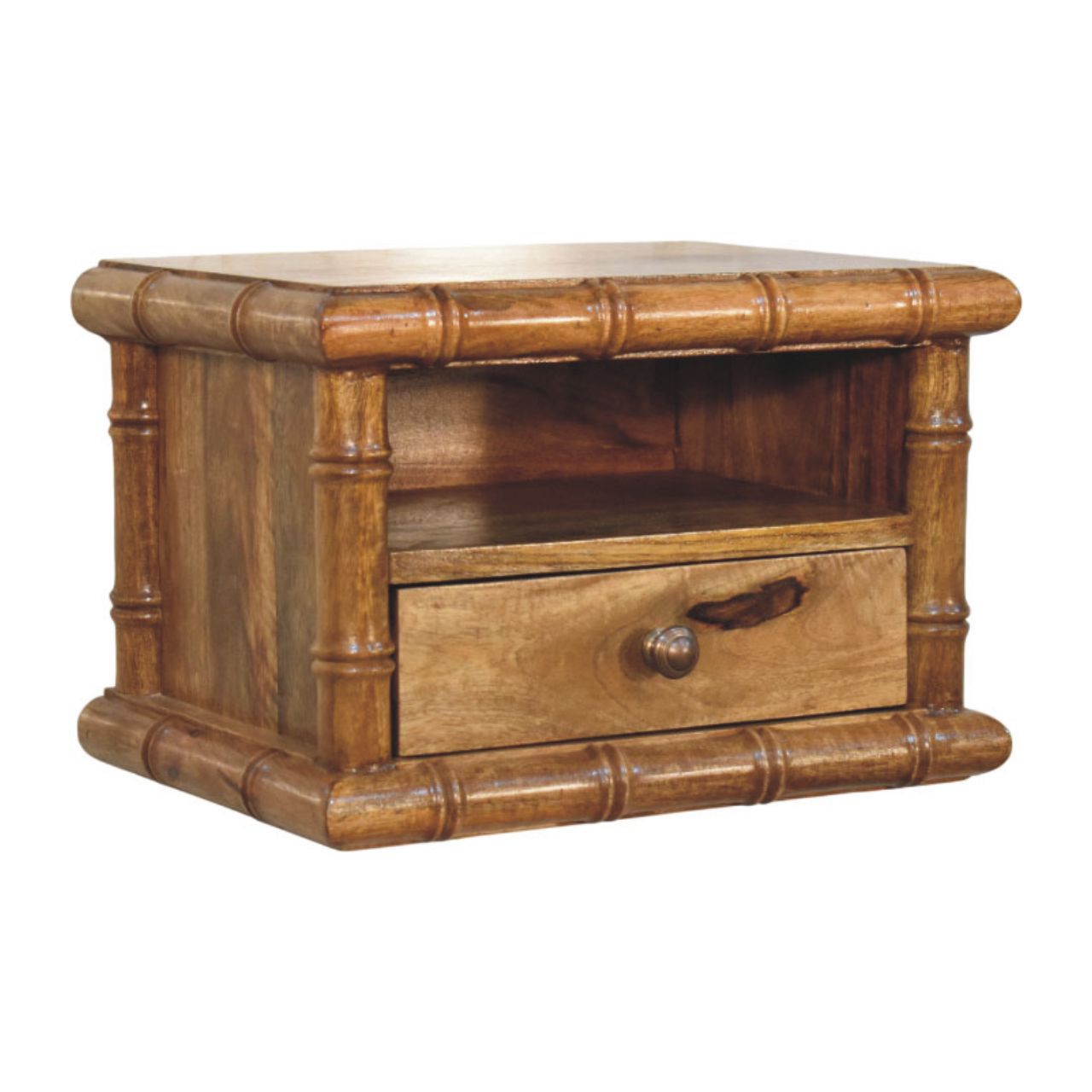 Bamboo Open Bedside In Amber Oak Finish, 1 Drawer, Brown