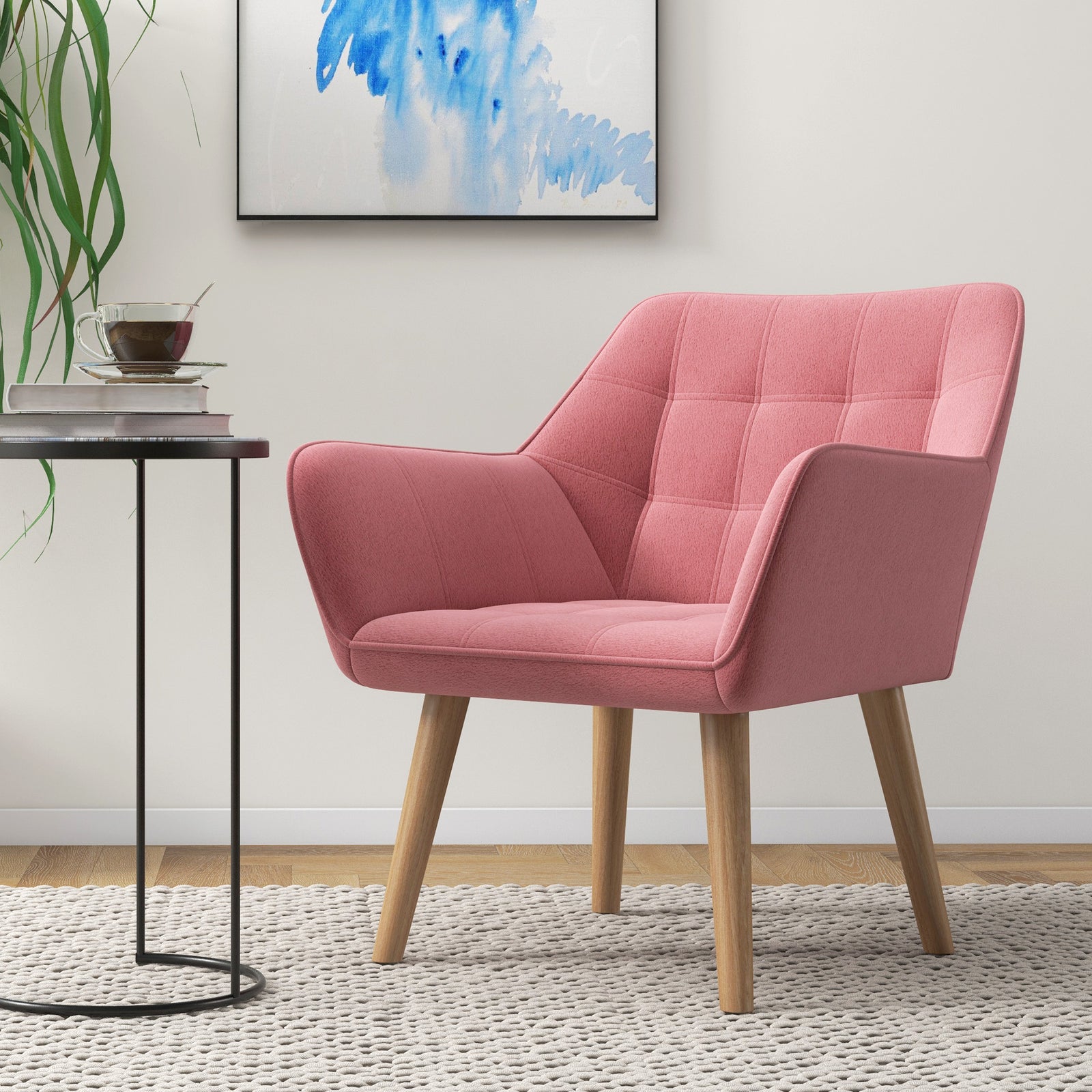 Velvet-feel Accent Chair With Arms Slanted Back Wood Legs | One Size | Pink