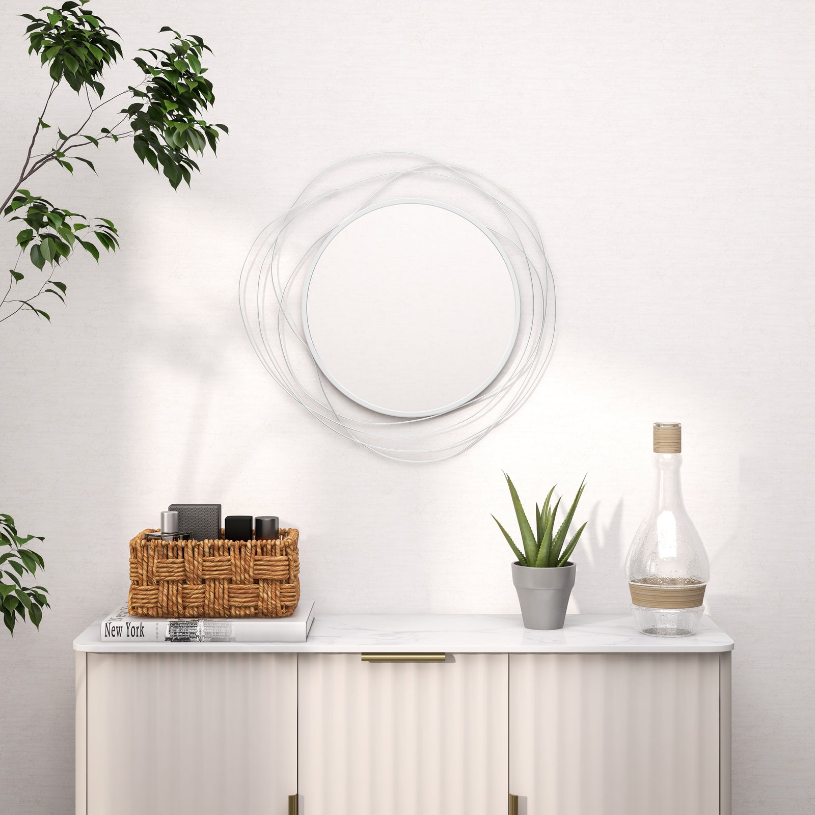 Metal Wall Art 65cm Round Mirror For Living Room | One Size | Silver