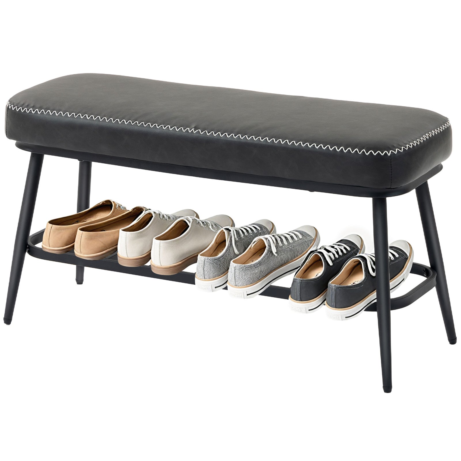 Shoe Bench, Pu Leather Shoe Storage Bench For Entryway | Charcoal Grey