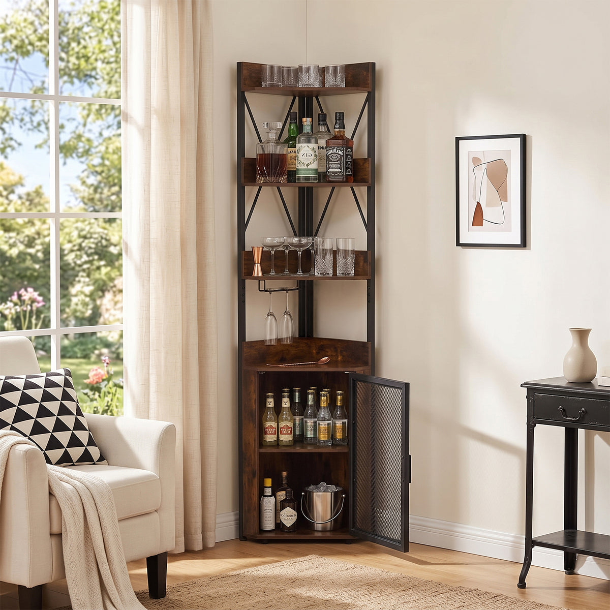Living and Home Freestanding Tall Corner Wine Rack Bar Cabinet With Glass Holder