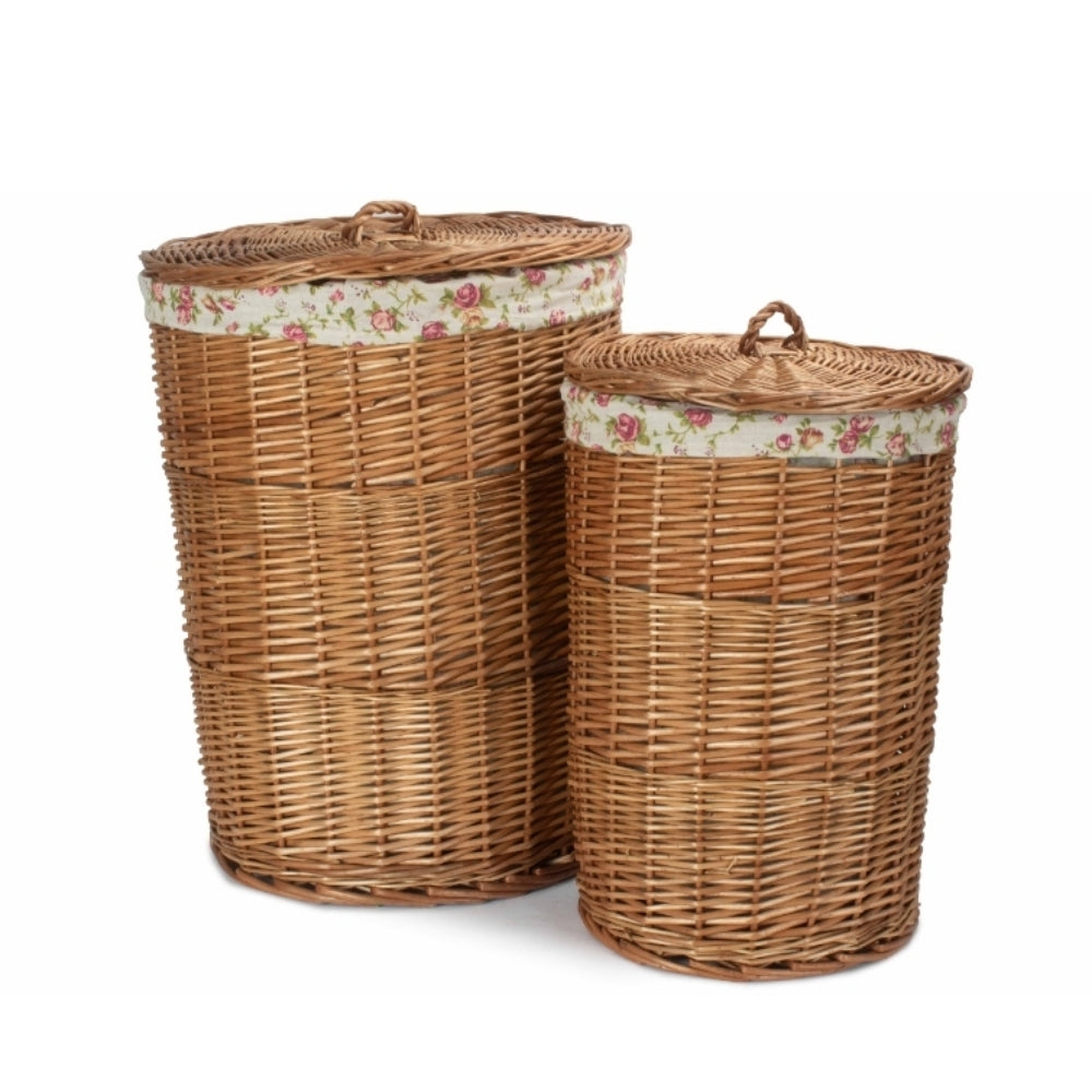 Garden Rose Cotton Lined Light Steamed Round Laundry Baskets | Set of 2 | Pink