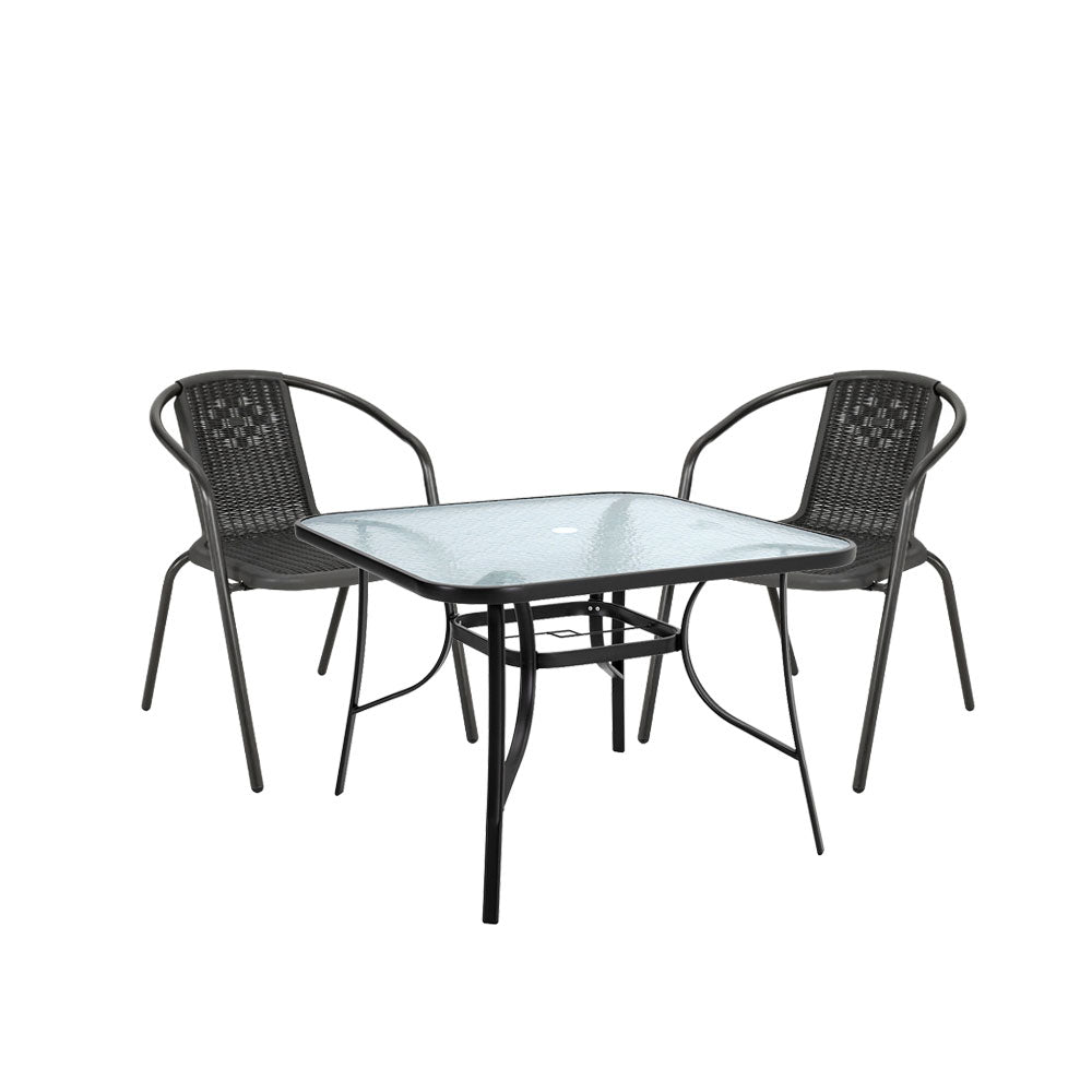 3 Pieces Bistro Set Tempered Glass Outdoor Coffee Table And Rattan Chairs