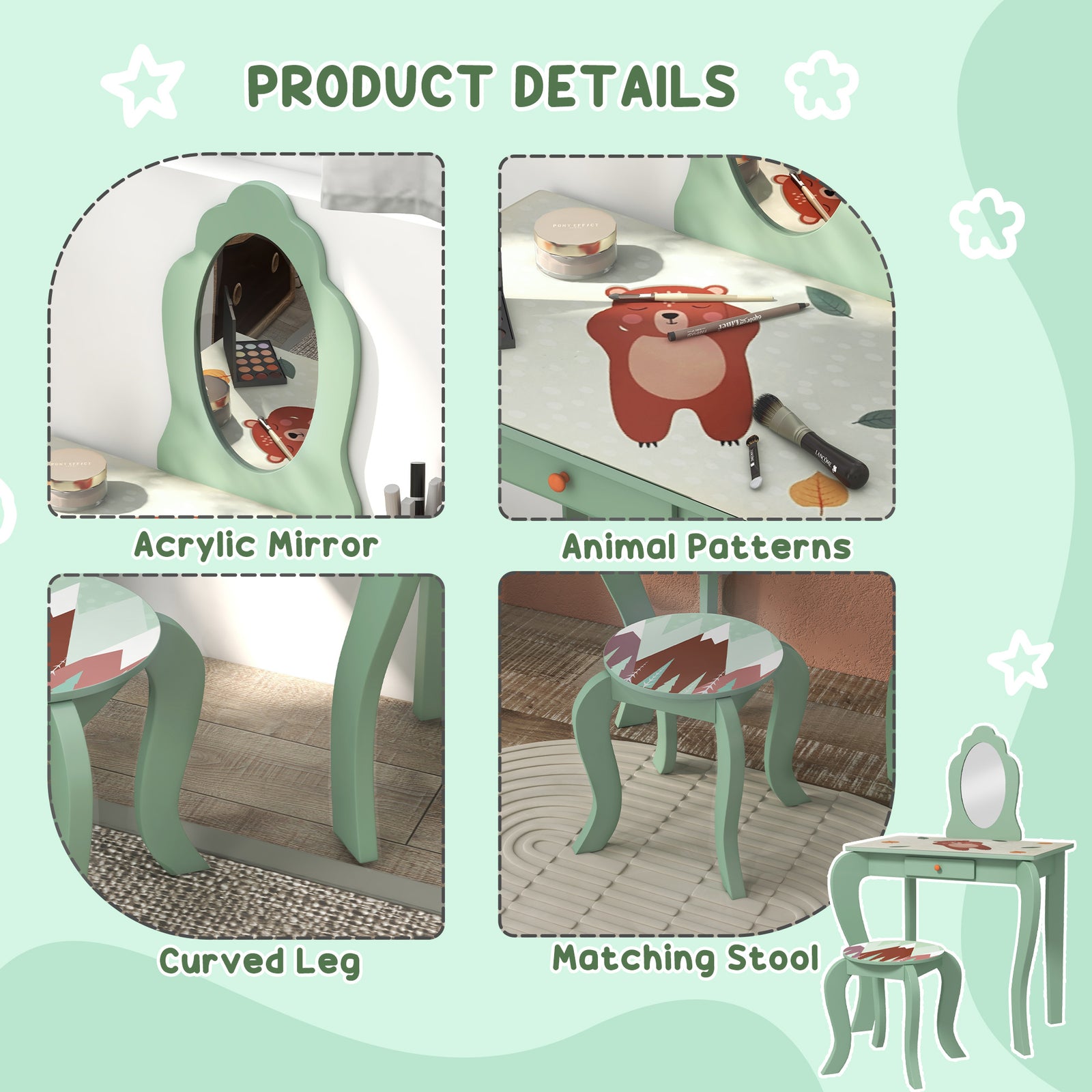 Kids Dressing Table With Mirror, Stool, Drawer, Girls Vanity Table | Green