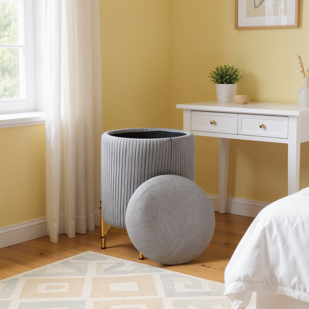 Modern Round Pleated Storage Ottoman With Metal Legs 33cm Dia X 46cm H | Grey