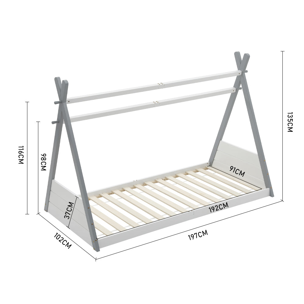 Montessori Kids Bed – 190cm X 90cm Solid Pine Wood House Bed Frame With Headboard And Footboard, White & Grey Toddler Single Bed"