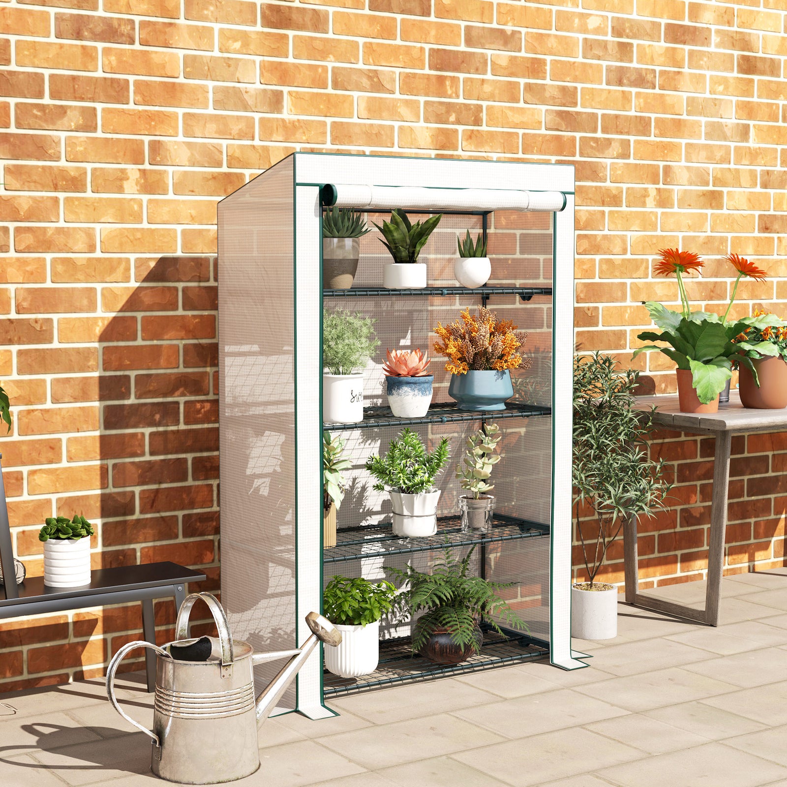 4 Tier Lean-to Mini Greenhouse W/ Reinforced Pe Cover | Green