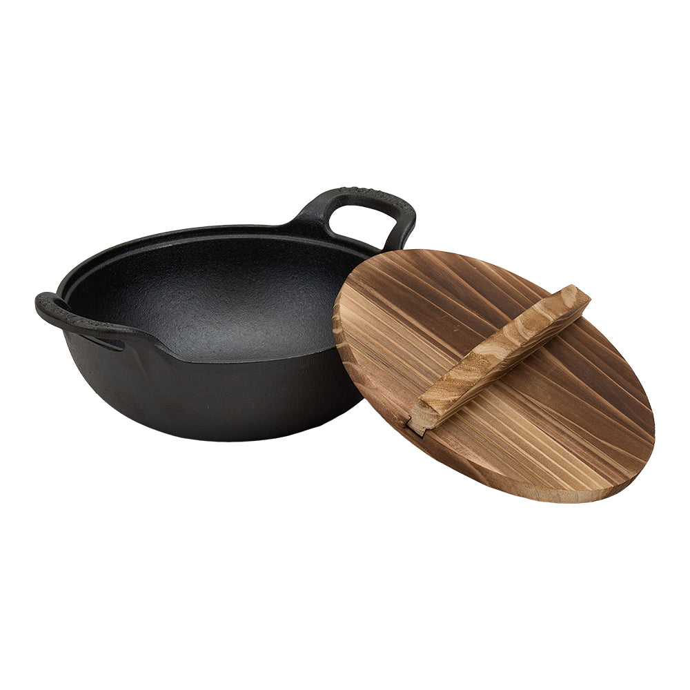20cm/25cm Dia Cast Iron Wok With Dual Handles And Wooden Lid | Small