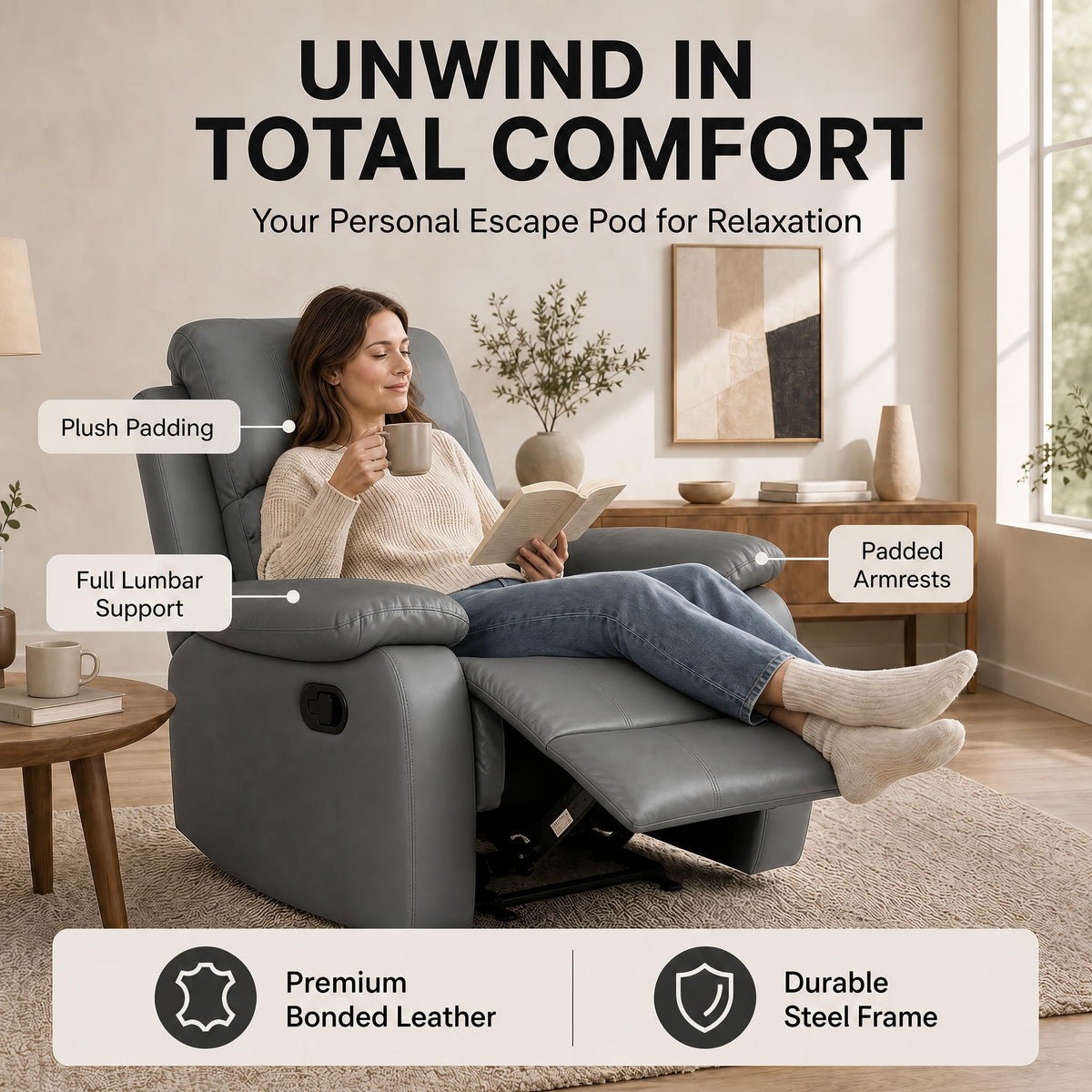 Manual Recliner Sofa 1 Seater Faux Leather | Grey