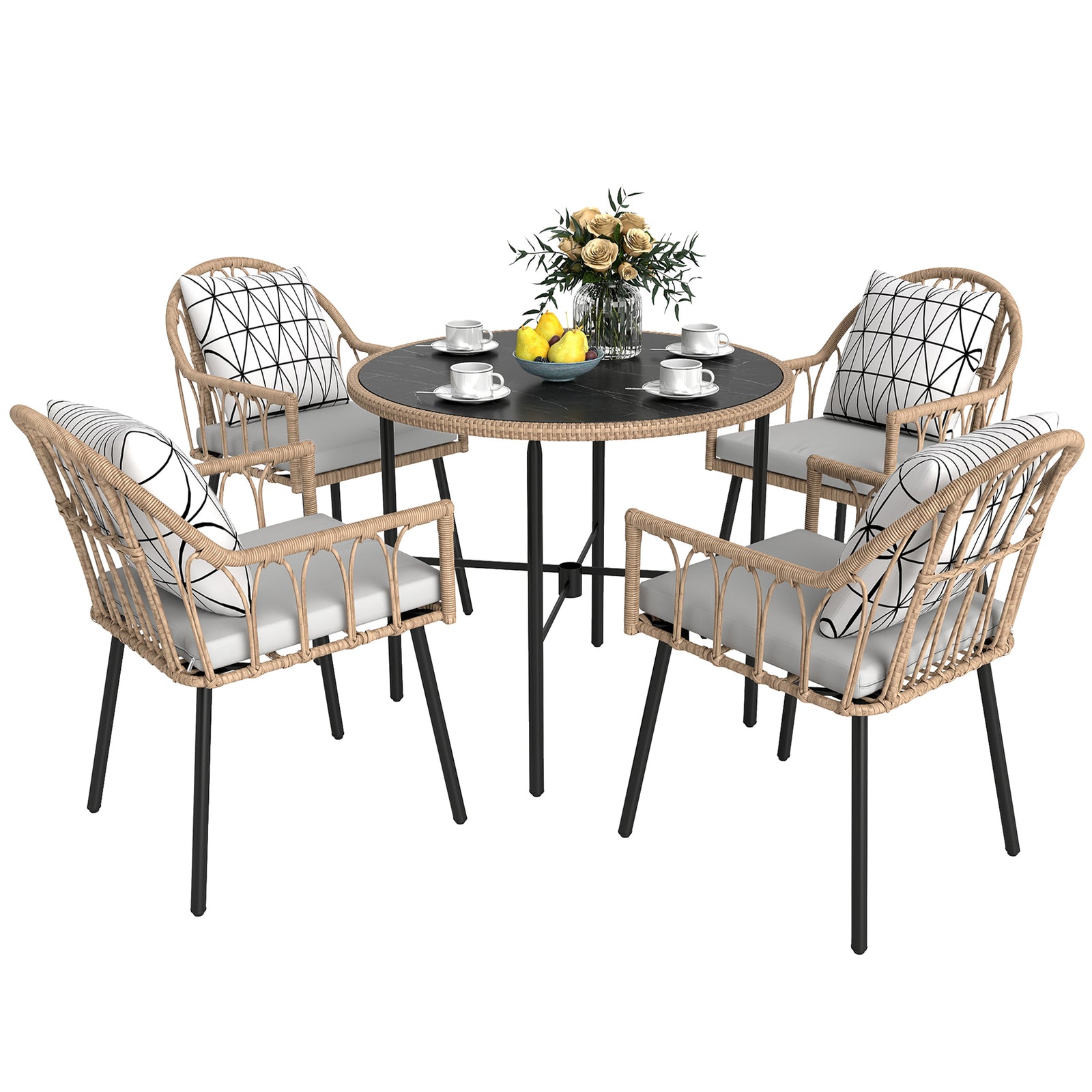 5 Piece Patio Rattan Dining Set, Removable Cushions | Brown