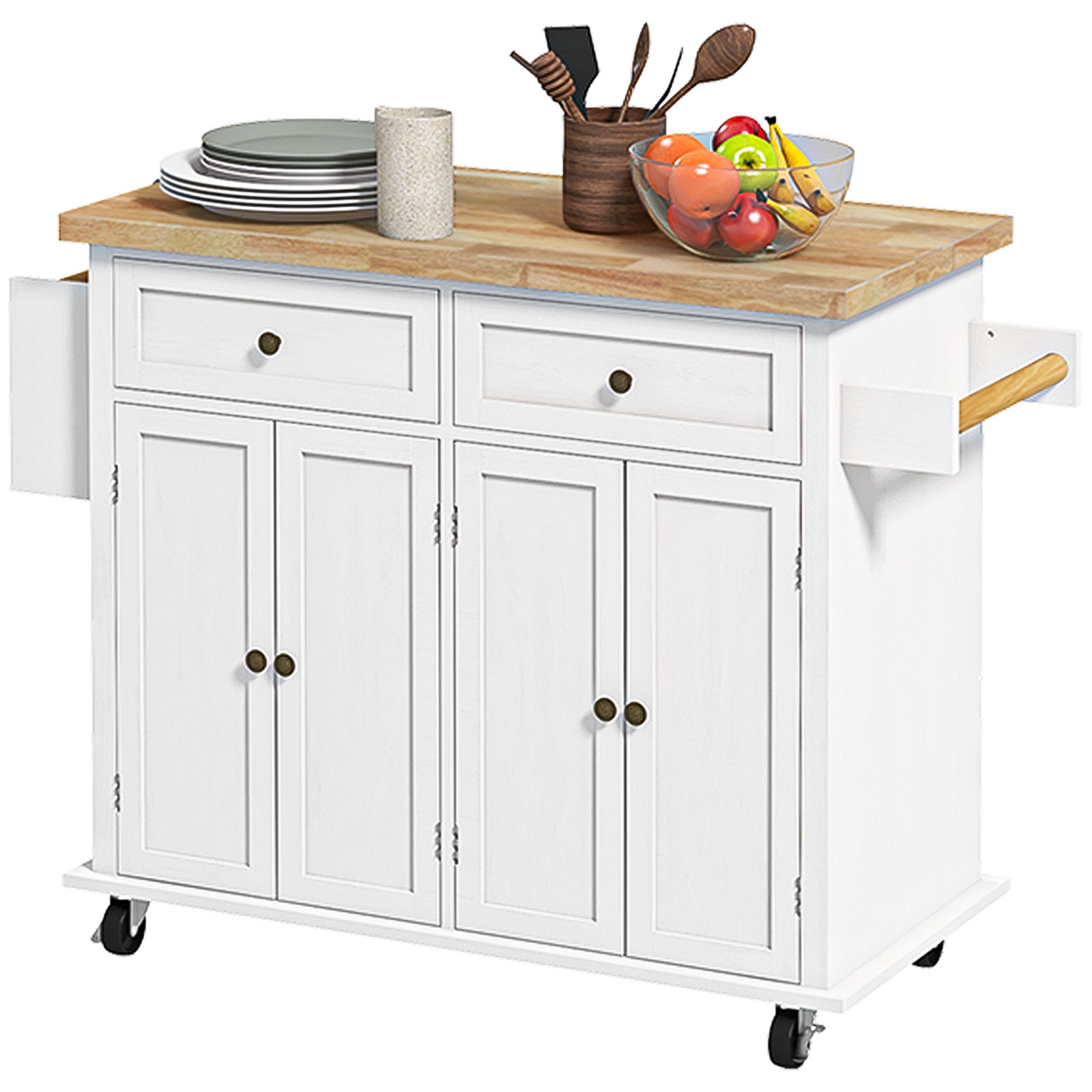 Rolling Kitchen Island Cart With Rubber Wood Top, Spices | White