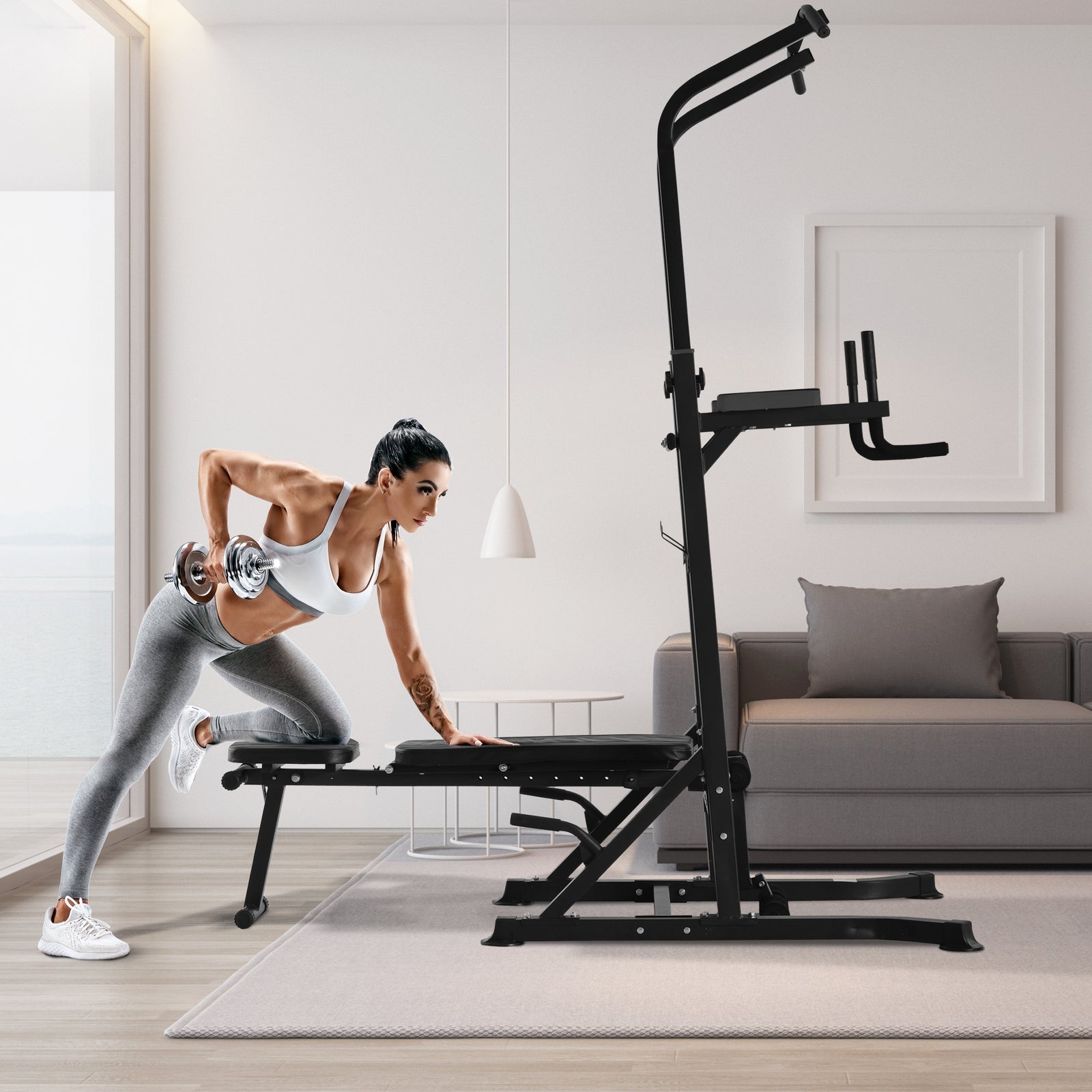 Power Tower Weight Bench Dip Stands For Home Gym | Black