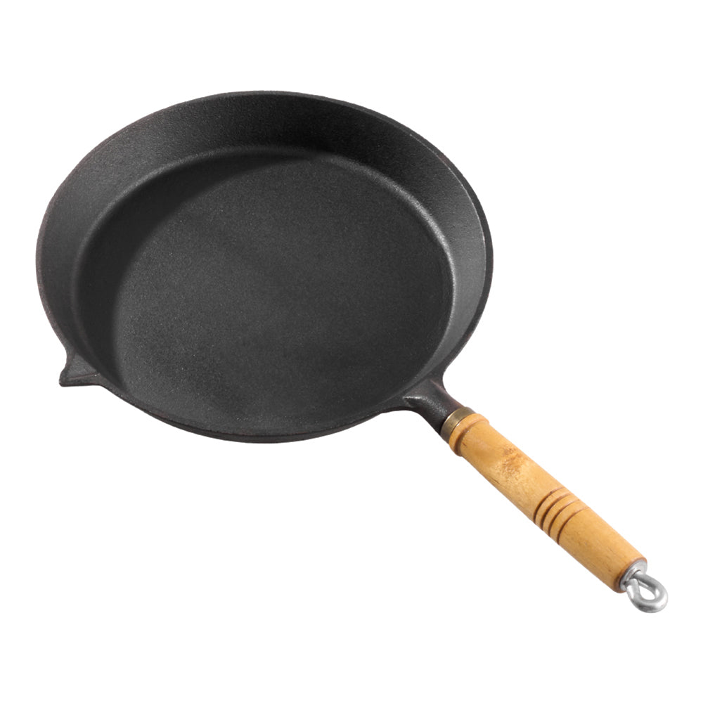 22/25/29cm Dia Round Cast Iron Skillet With Removable Wooden Handle And Oil Spout | Large | Black