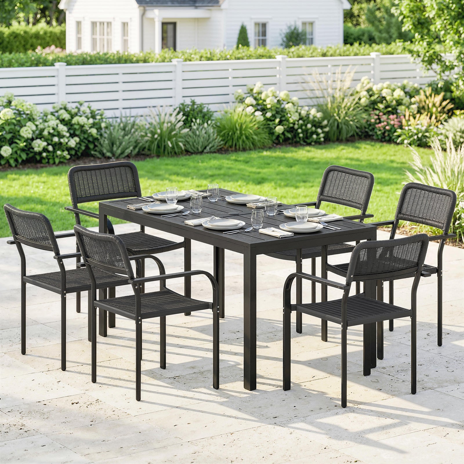 Outsunny Garden Dining Set With Umbrella Hole For 6 People, Black