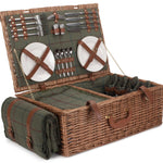 4 Person Green Tweed Fitted Picnic Wicker Basket