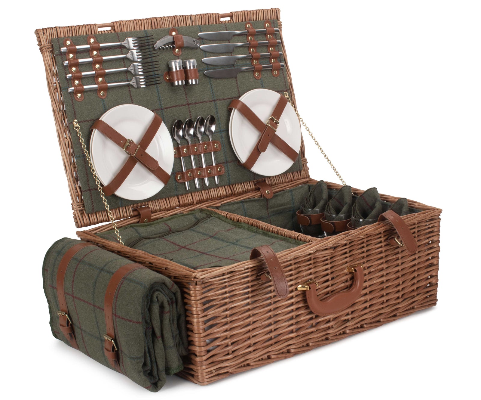 4 Person Green Tweed Fitted Picnic Wicker Basket
