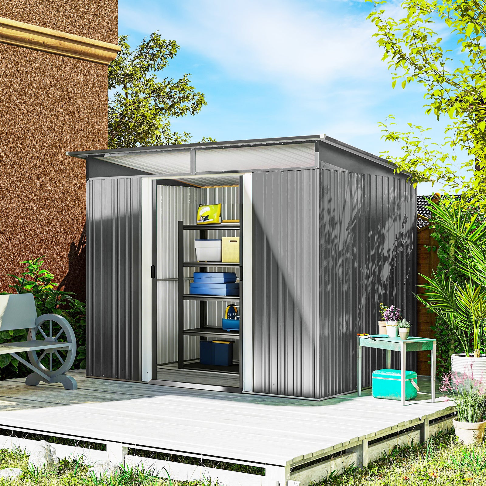 Garden Shed Outdoor Storage Tool Organiser W/ Double Sliding Door | Light Grey
