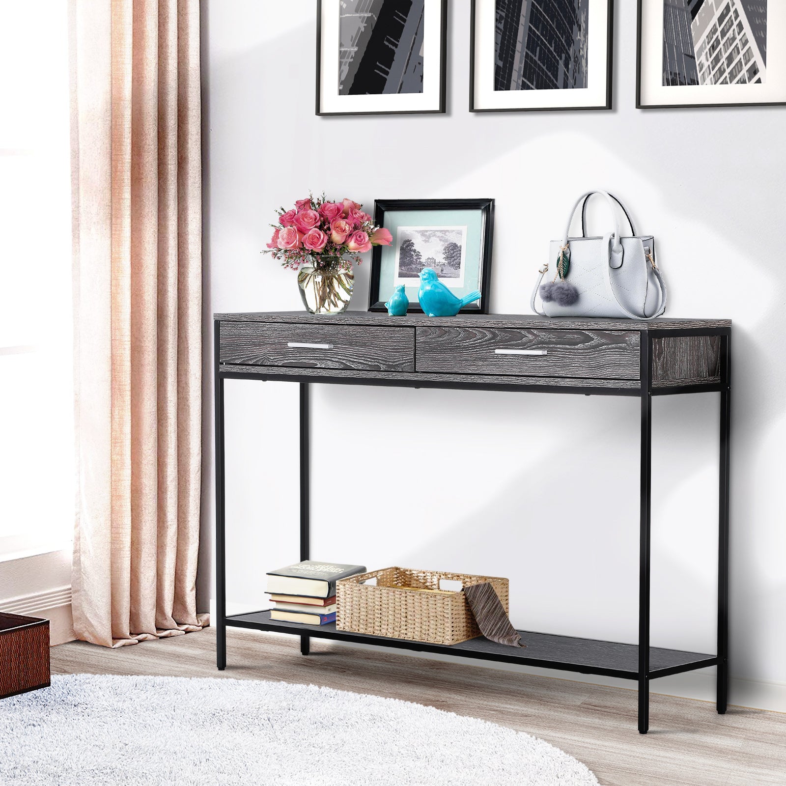 Console Table Worktop Bottom Shelf 2 Drawer Industrial