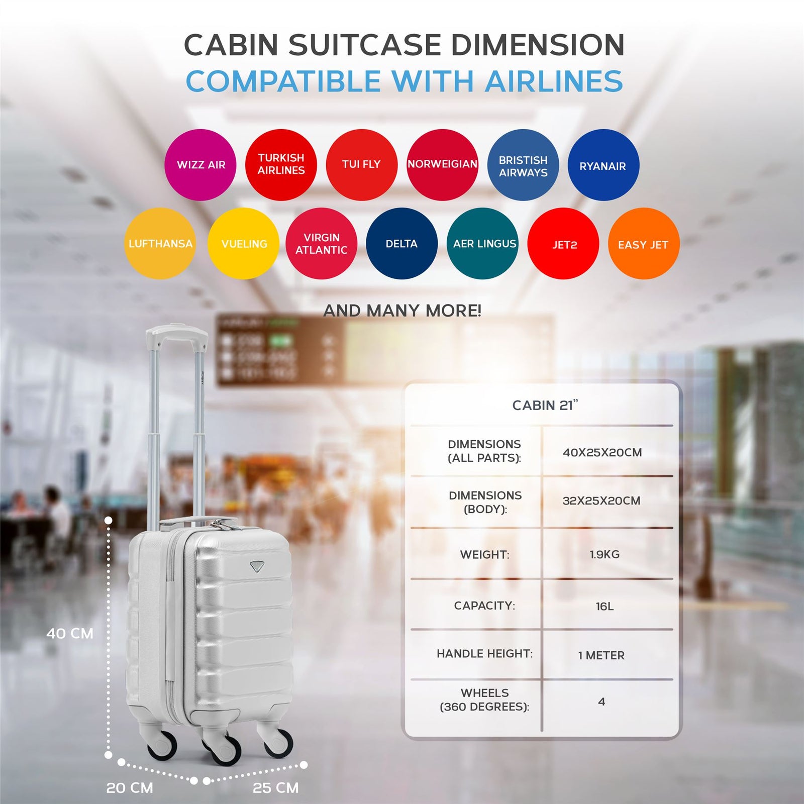 40x20x25cm Cabin Carry-on Suitcase - Lightweight, Durable, 4-wheel Luggage - 100+ Airlines Approved | Cabin | Silver