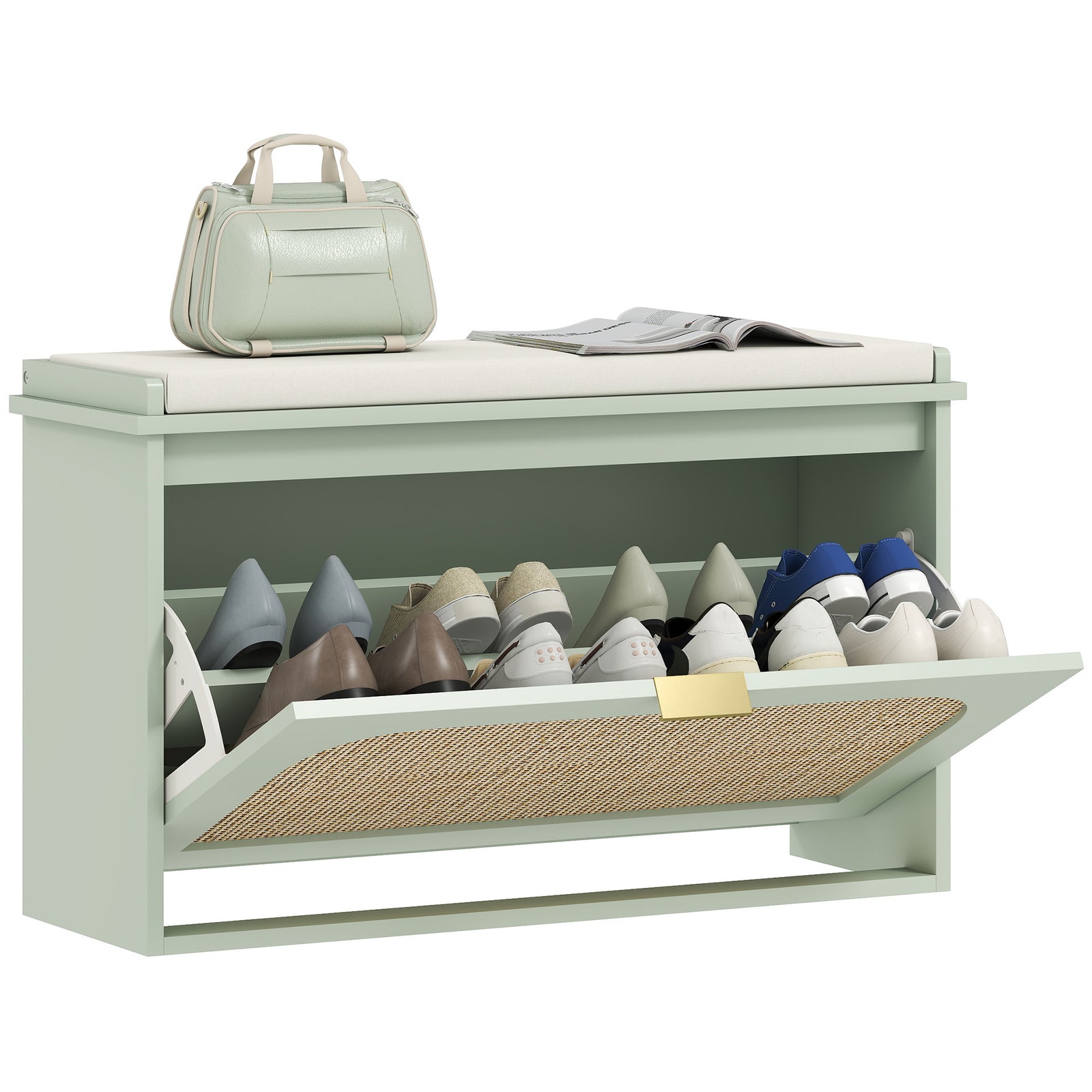 Boho Shoe Bench With Padded Seat And Flip-drawer | Light Green