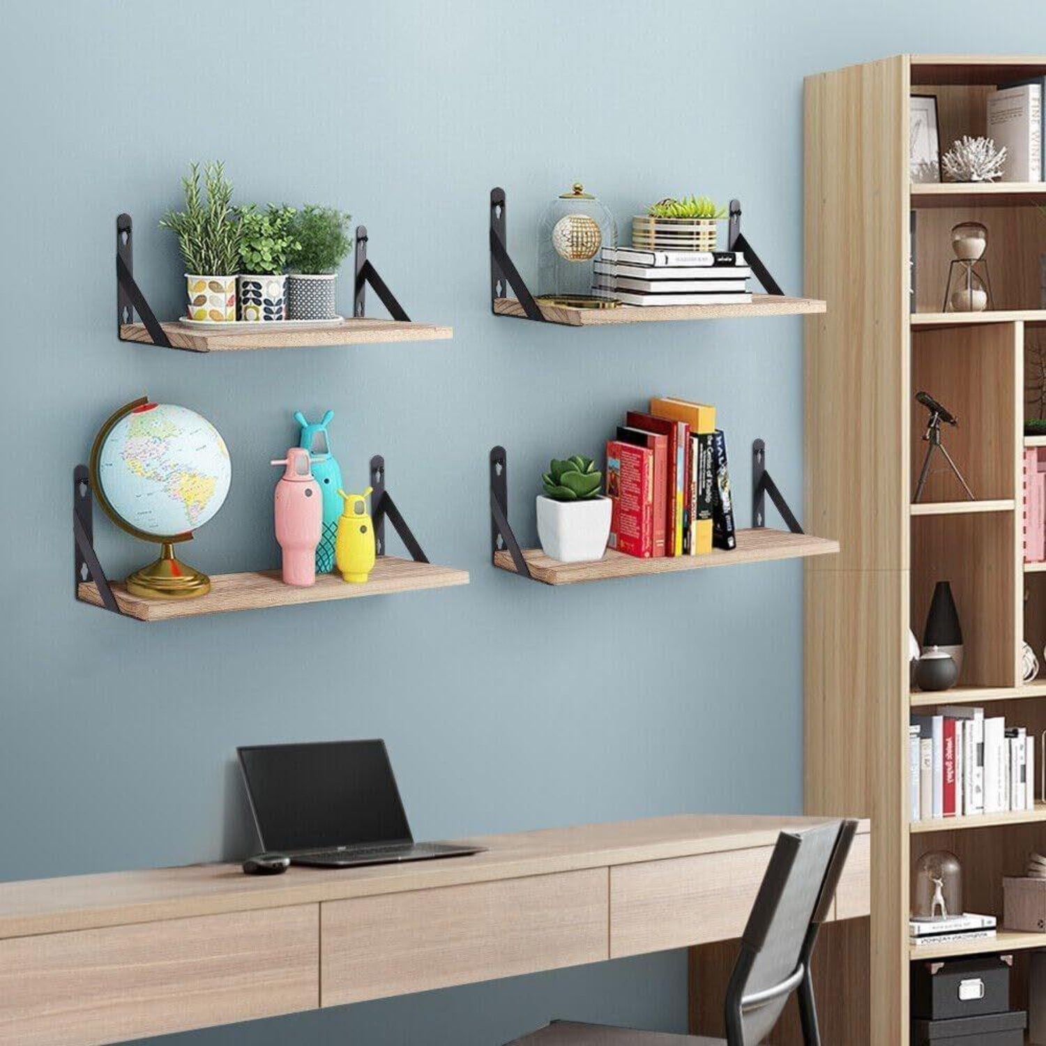 Dyzi Set Of 4 Rustic Wooden Floating Wall Shelves 42cm