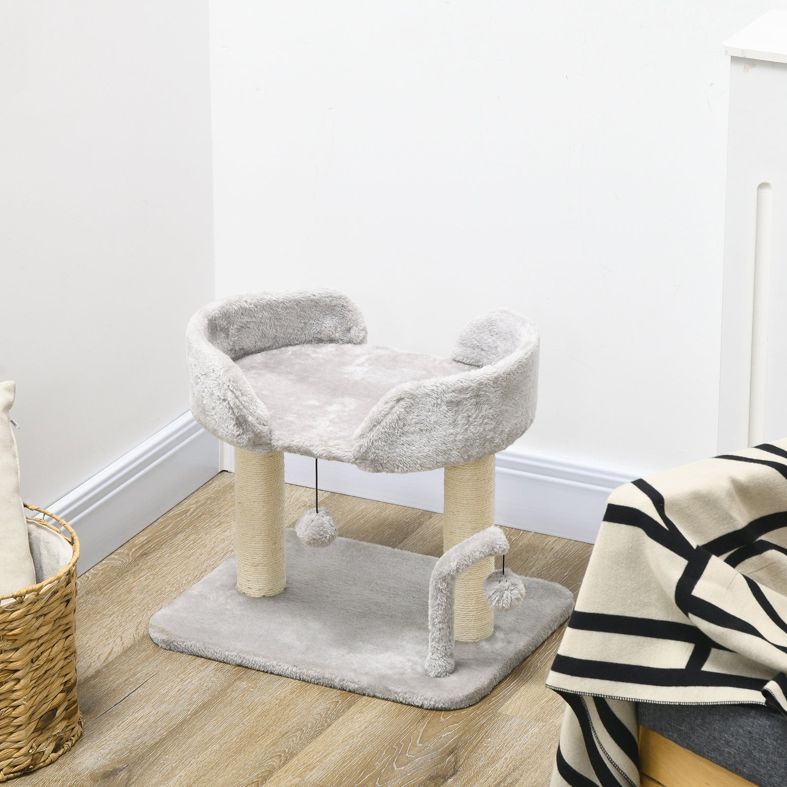 42cm Indoor Cat Tree, Kitty Play Tower W/ Toy Balls, Jute Scratching Post | Gray