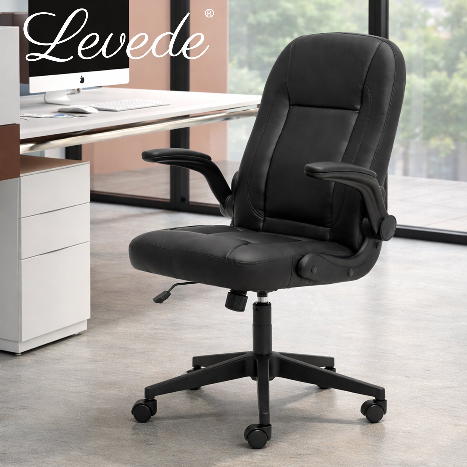 Ergonomic Office Computer Chair Pu Leather Swivel Recliner With Flip-up Armrests | Black
