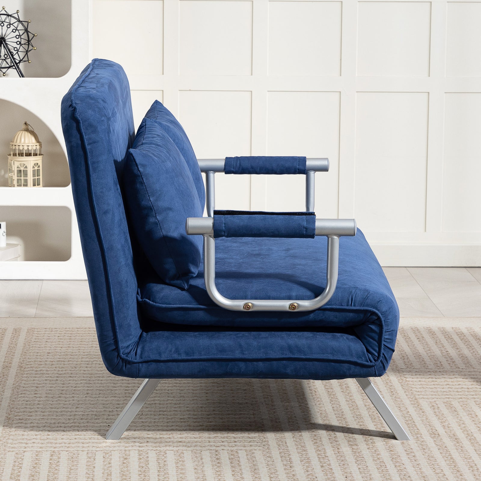 Fabric Sofa, Convertible 2 Seater Sofa Bed W/ Pillows, Dark Blue