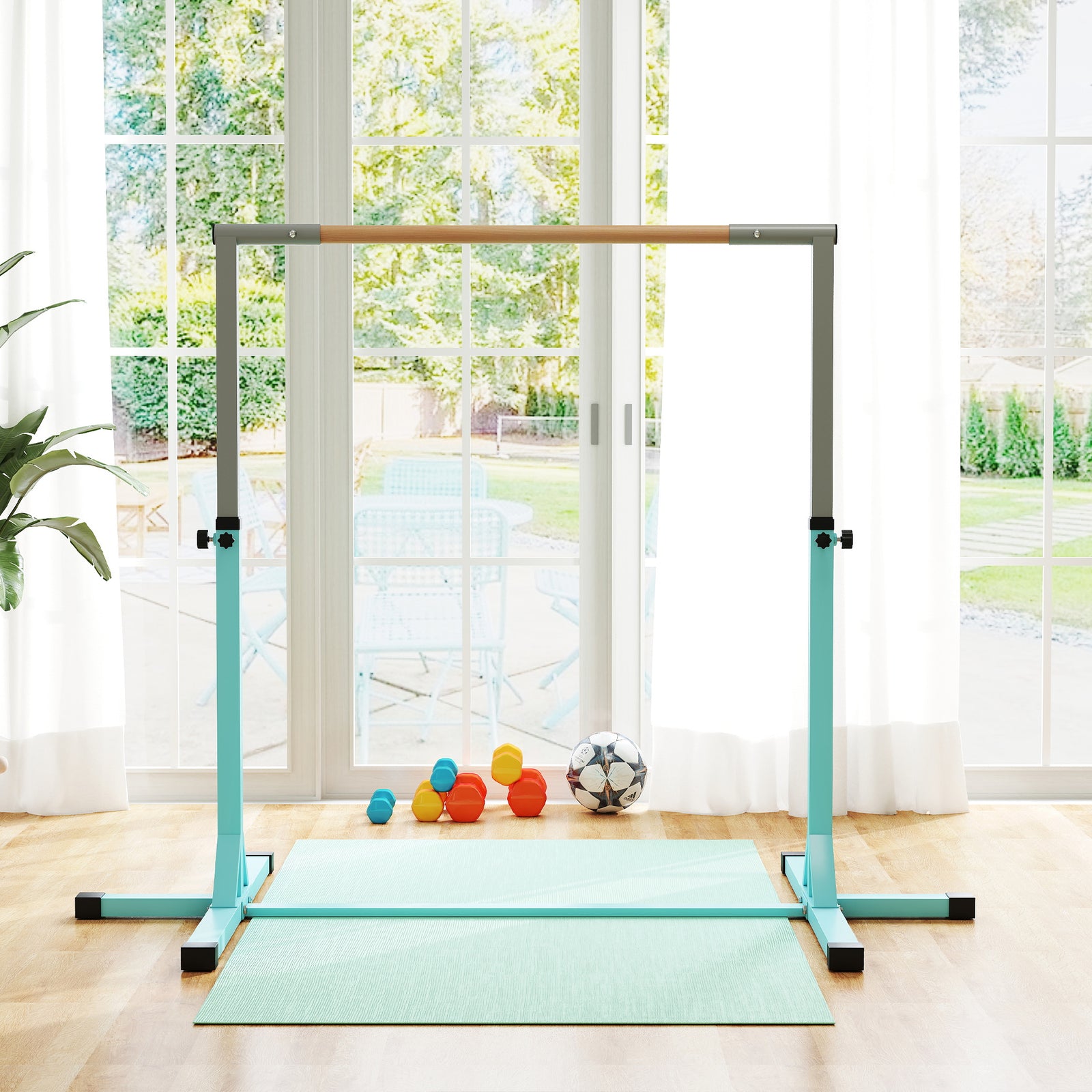 Adjustable Kids Gymnastics Bar Horizontal Training W/ Steel Frame, Light Blue