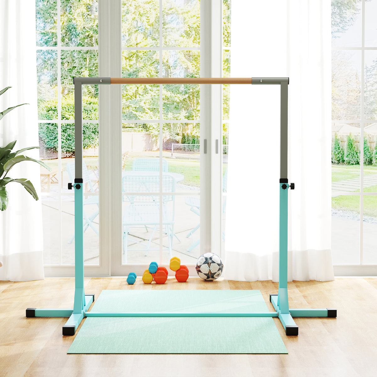 Adjustable Kids Gymnastics Bar Horizontal Training Steel Frame Wood | Blue