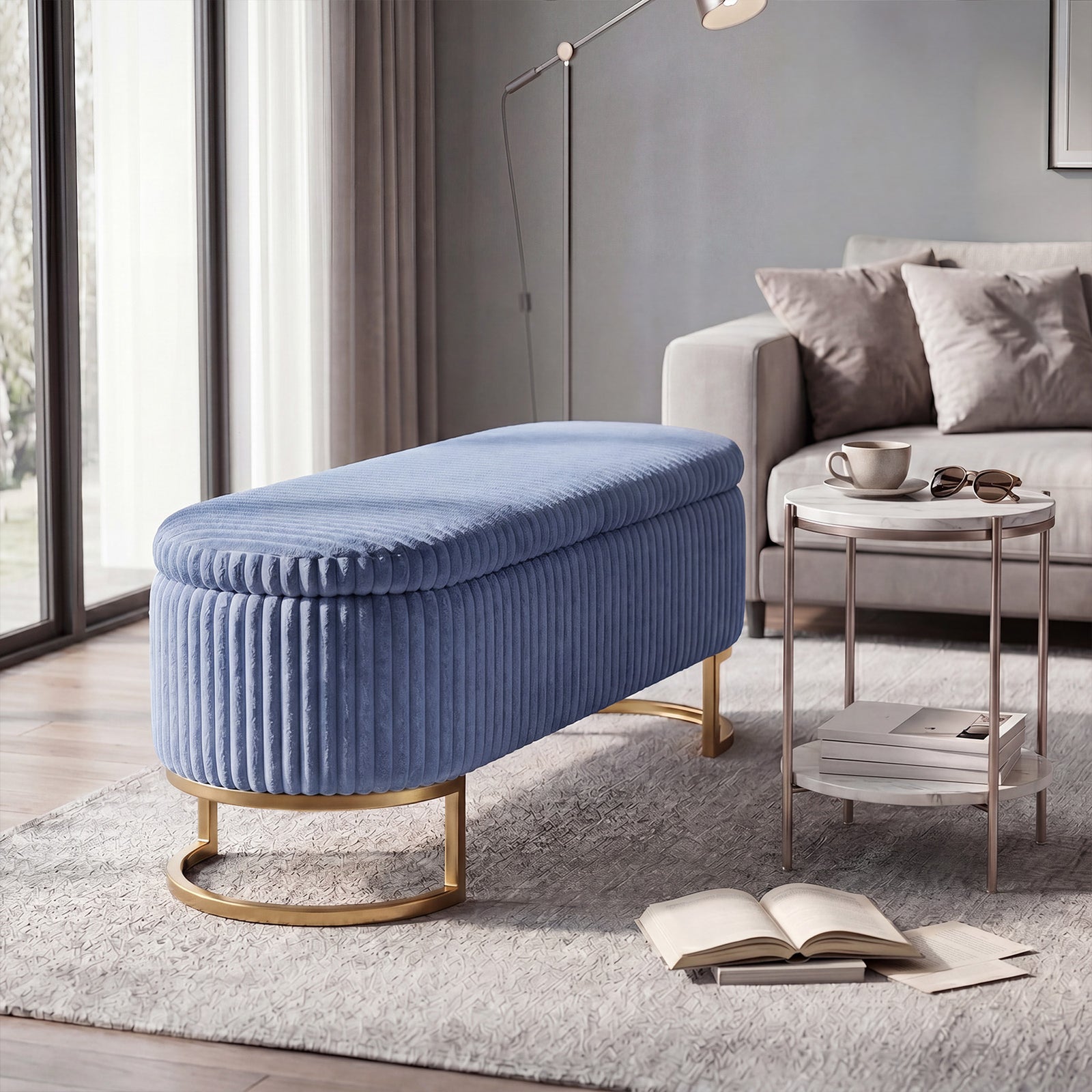 Corduroy Upholstered Storage Bench | Blue