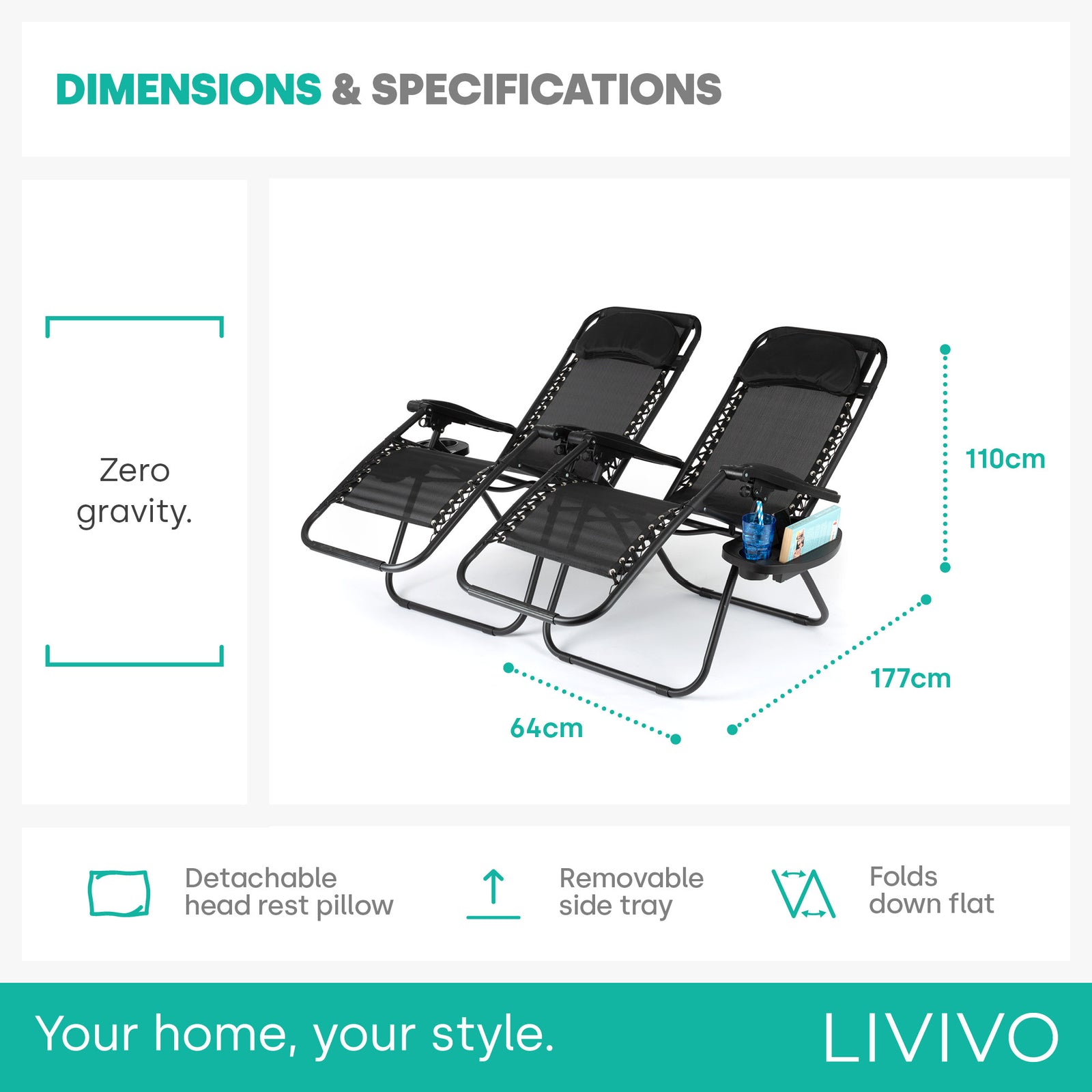 Livivo Livivo Gravity Chair Set Of 2 With Side Tables - Zero Gravity 120kg Black