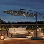 3 M Banana Patio Umbrella Cantilever Garden Parasol With Solar-powered 32 Led Lights, Crank For Opening Closing With Cross Base & Large Fillable Base | One Size | Dark Grey