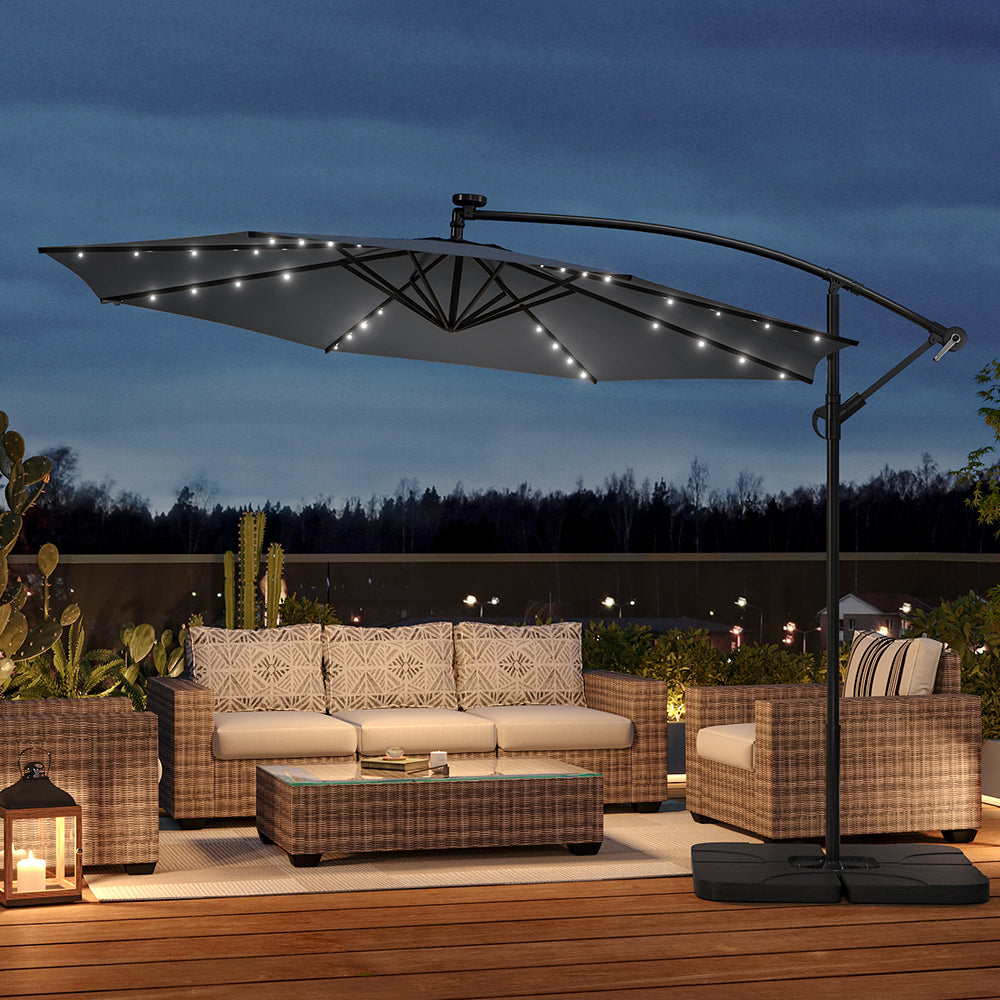 3 M Banana Patio Umbrella Cantilever Garden Parasol With Solar-powered 32 Led Lights, Crank For Opening Closing With Cross Base & Large Fillable Base | One Size | Dark Grey