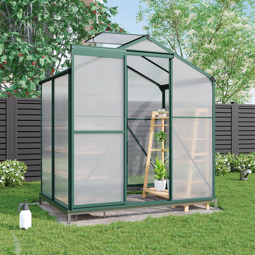 Polycarbonate Greenhouse With Base – Aluminum Frame Walk-in Greenhouse With Sliding Door & Ventilation Window For Plants & Flowers, Green, 4 x 6ft