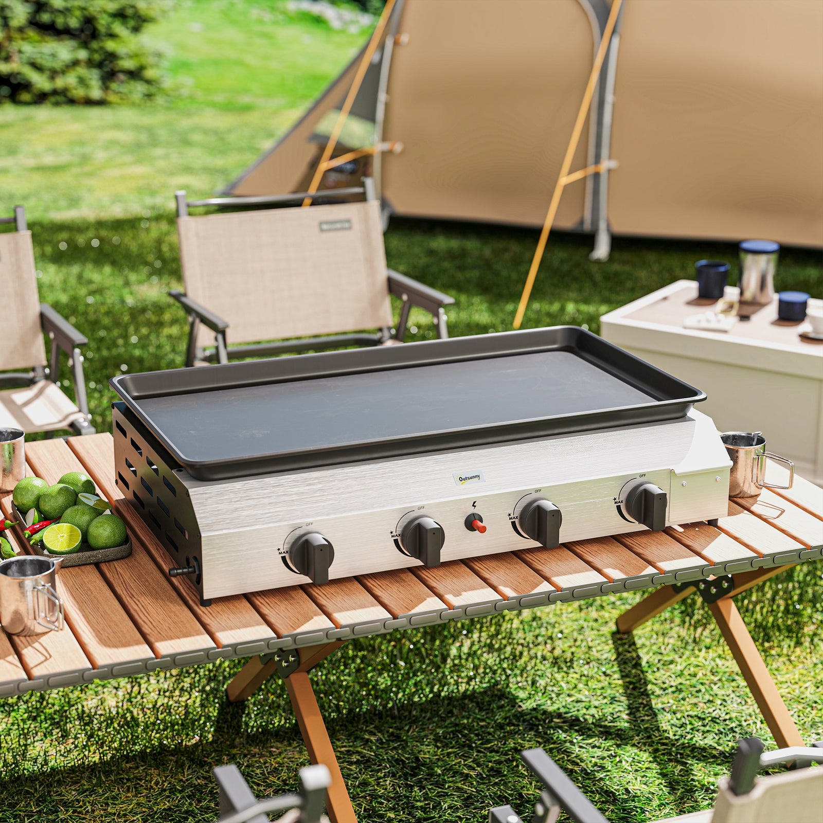 Gas Grill, Gas Bbq W/ Non-stick Griddle For Camping | Large | Silver